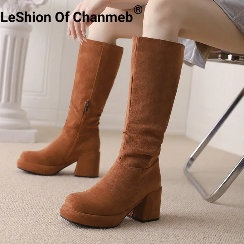 

LeShion Of Chanmeb Women Faux Suede Boots Pleated Chunky Block Heels Knee-High Goth Boots Platform Zipper Stretch Shoes Woman 43