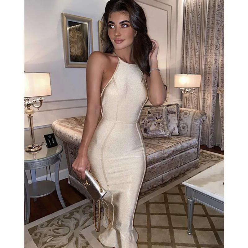 

2023 New Spring Khaki Color Women Sleeveless Sexy Backless Bodycon Mid-calf Dress Rayon Bandage Elegant Trumpet Party Dress