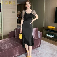 e girls fashion korean vintage sexy lace perspective short sleeve midi party club dress ladies robe elegant backless black beach