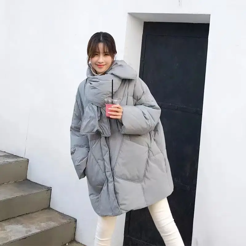 New Oversize Women's Winter Jacket Scarf Down Jackets Parkas Super Hot Coats Korean Fashion Snow Clothes Loose Solid Colours