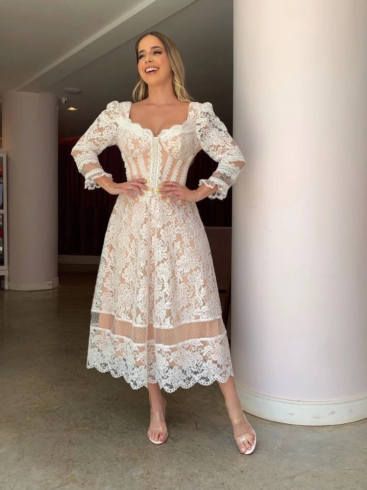 

Elegant Lace Women Dresses Gauze See Through Long Sleeves A Line Backless Square Collar Sexy Birthday Fashion White Gown 2022