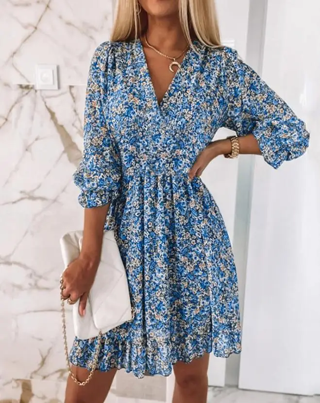 

Women's Dresses 2023 Spring Summer Fashion Women's Pink Small Floral Print Puff Sleeves Ruffle Hem Shirley Dress