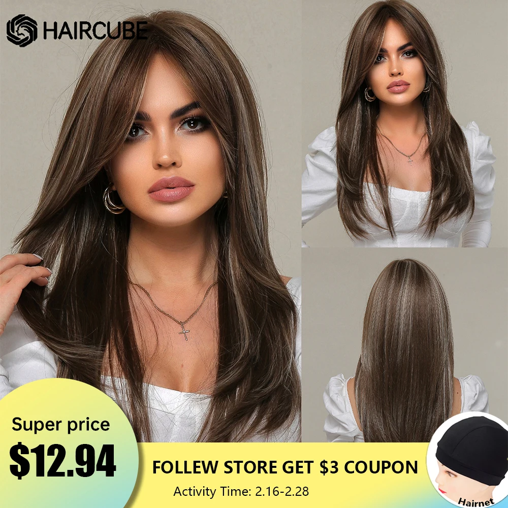 Длинные прямые синтетические парики HAIRCUBE коричневые смешанные белые блестящие