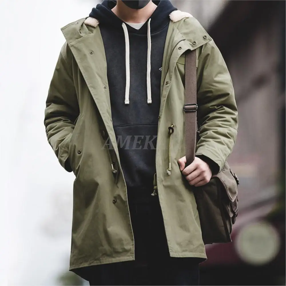 2023 Men's Thick Hooded Fishtail Cotton Coat Plus Velvet Parka Jacket Army Green Windbreaker Winter Autumn Men Trench Coat
