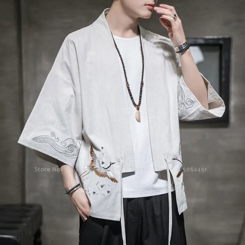 

Chinese Traditional Hanfu Kung Fu Cardigan Men Crane Embroidery Tang Suit Cloak Tea Art Blouse Japanese Kimono Robe Tai Chi Coat