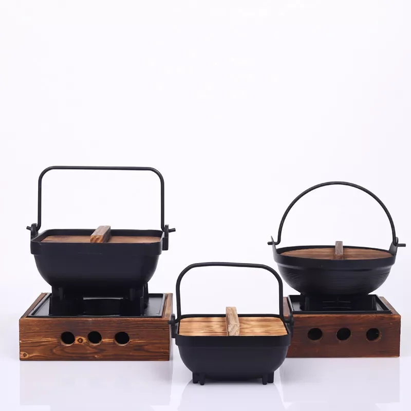 

Iron Pot with Wooden Lid Japanese Design Shabu Hot Pot Hanging Stove Restaurant Cooking Set