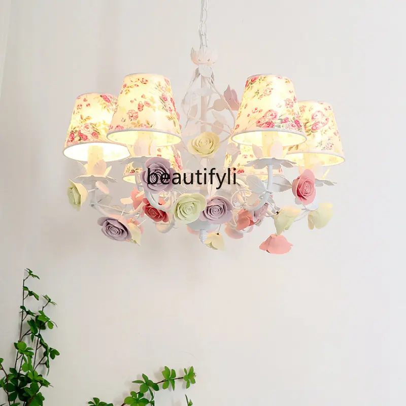 

yj Chandelier Bedroom Princess Style Girl Living Room Pastoral Flowers Beautiful Romantic Restaurant Lamps