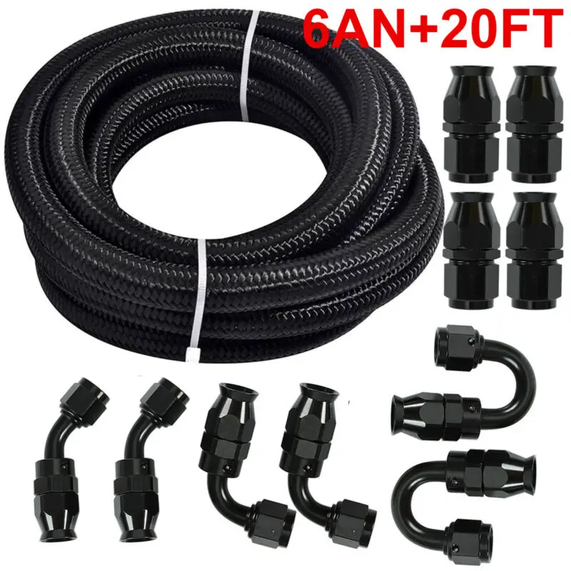 

New 6AN - AN6 Black Nylon Braided E85 PTFE Fuel Line 20ft 10 Fittings Hose Kit Gas Cooler Hose Braided Inside CPE Rubber