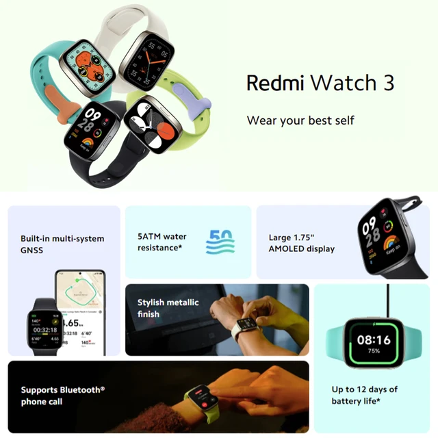 Global Version Redmi Watch 3 With Alexa Smart Watch 1.75" AMOLED 12 days of Battery Life 5ATM Waterproof Bluetooth Voice Calls 2