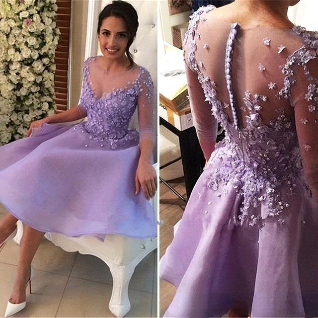 

Lilac Illusion Short Sleeves Lace A Line Homecoming Dress Tulle 3D Lace Applique Short Prom Party Cocktail Dresses