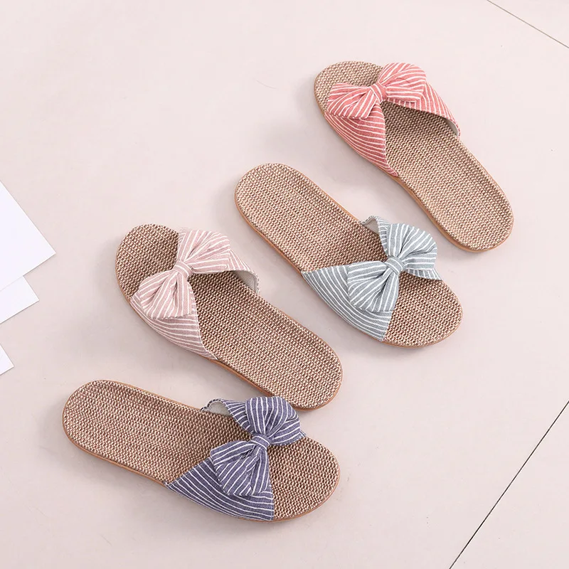 

Comemore Women Flax Slippers Summer Slip-ons Casual Slides Comfortable Striped Bow Girls Sandals Female Indoor Home Flat Shoes