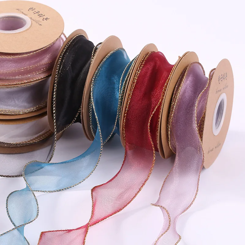 

4x900cm Fish Tail yarn Ribbons with Metallic Gold edge Wedding Birthday Christmas DIY Bowtie ribbon flowers buquet gift package