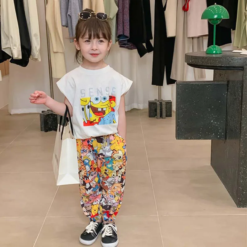 

Детская одежда 2022 летняя детская футболка без рукавов с мультяшным рисунком + ледяные шелковые брюки для девочек 4-32