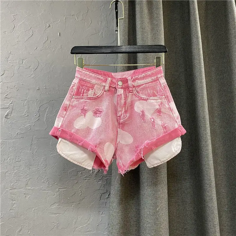 Light Pink High Waist Love Pattern Curled A-line Denim Shorts Women's Summer 2022 New Loose Wide Leg Hot Pants