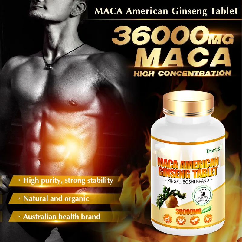 

Herbal Maca American Ginseng Extract Vegan tablets Energy Booster Strength Supplement Male Health Care, Erection, Size Stamina