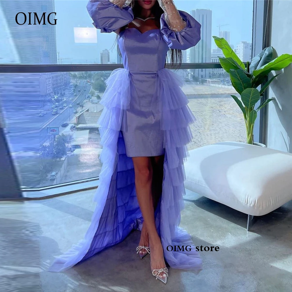 

OIMG Lavender Satin Sweetheart Short Evening Party Dresses Tulle Ruffles Tiered Overskirt Long Sleeves Beads Arabic Prom Gowns