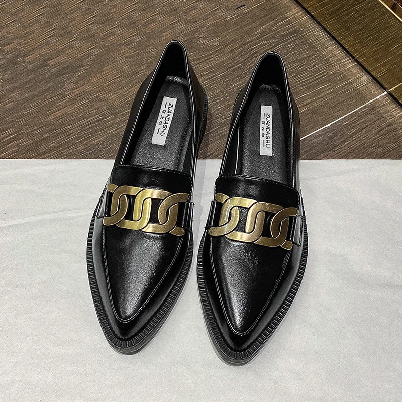 Women Oxfords Derbies Shallow Pointed Toe Thick Heels Loafers Ladies Flats British Metal Chain Small Leather Shoes