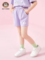 a21 girls casual knitted shorts 2022 summer new fashion simple cotton loose elastic belt letter printing childrens sports pants