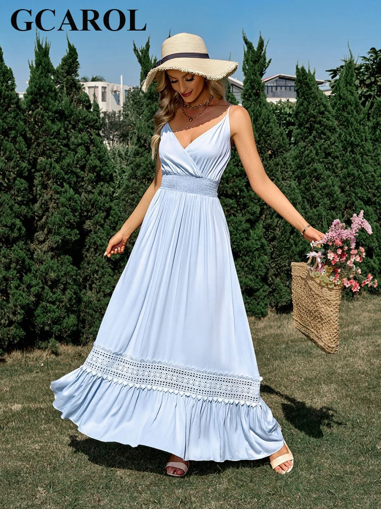 

Женское Бандажное платье GCAROL, платье макси на бретельках с v-образным вырезом и высокой талией, ажурное кружевное весенне-летнее праздничное элегантное платье