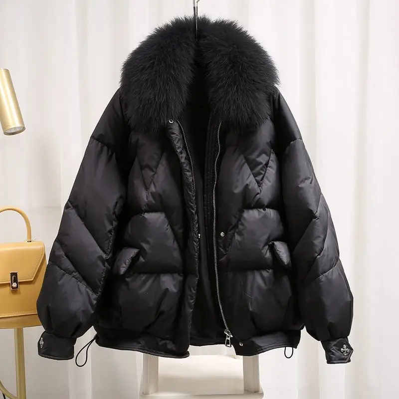 Imitation Natural Fox Fur Collar Loose Oversiz White Duck Down Jacket Ladies Winter Jacket Parker Coat  Women Coats Winter
