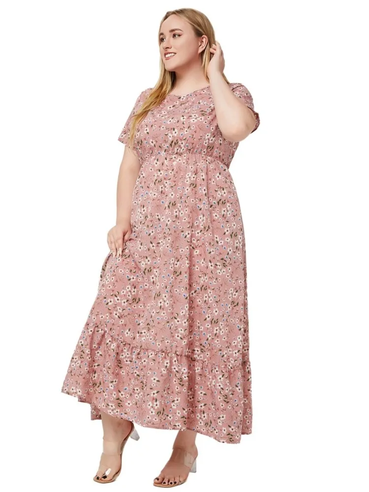 Женское летнее длинное платье с цветочным принтом свободное плиссированное