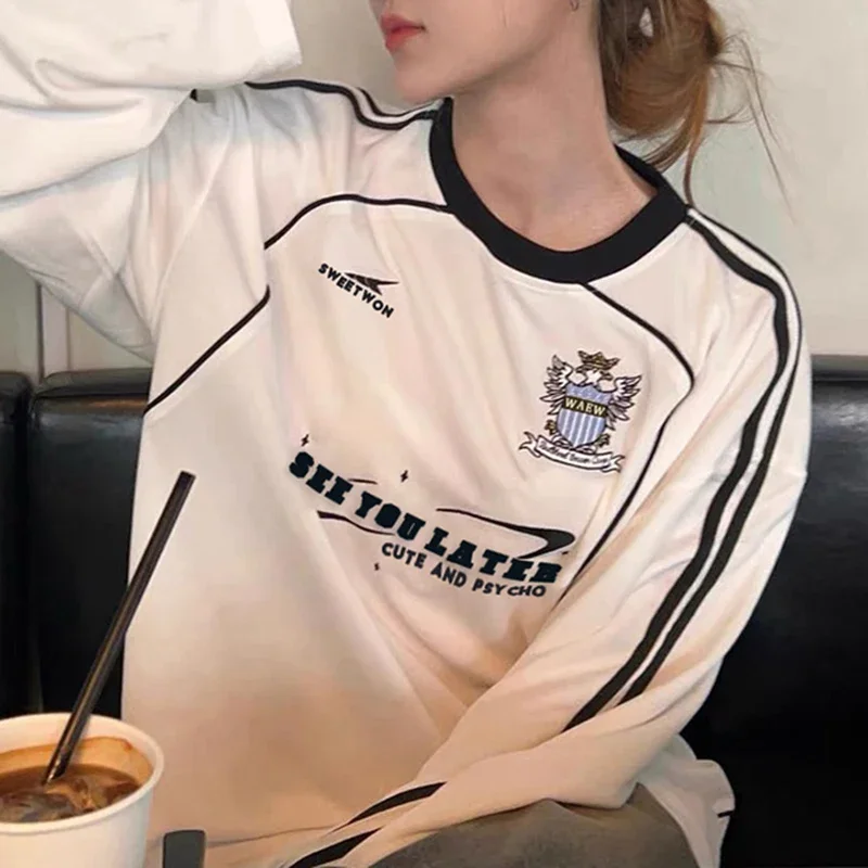 

Letter Print Patchwork Casual Sweatshirts American Retro Chic Loose Pullovers Crewneck Vintage Streetwear Outfits