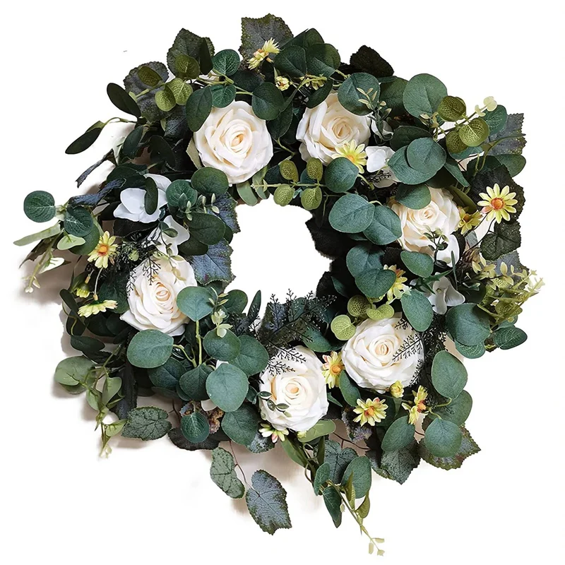 

22 Inch Door Wreath Eucalyptus Leaves Daisy White Rose Wreaths Spring Summer Front Door Artificial Green Wreath Home