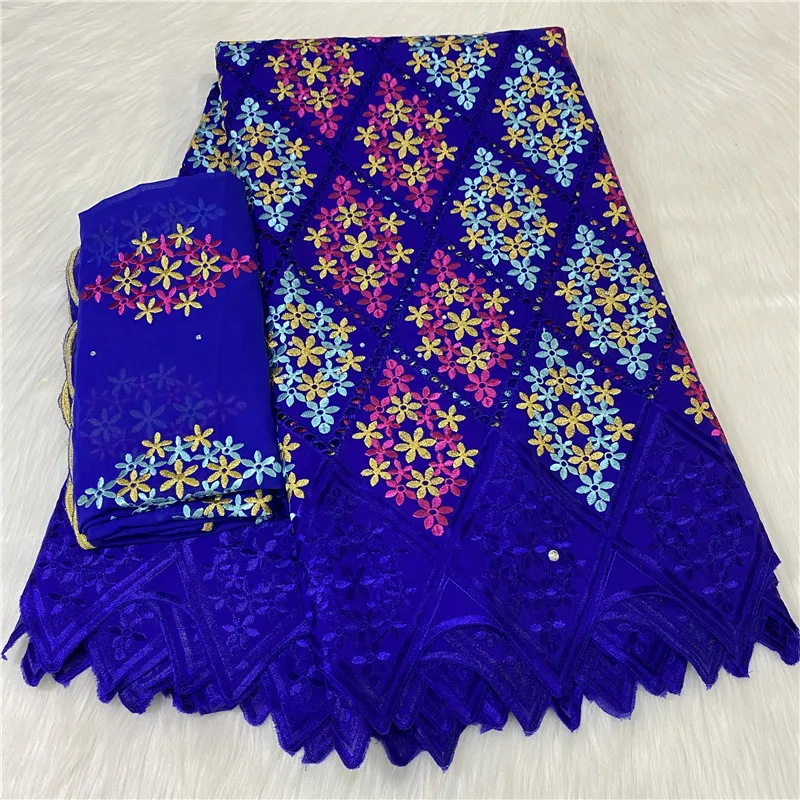 

5 ярдов, королевский синий африканский хлопковый материал с 2Y швейцарской вуали, кружевная ткань, нигерийский материал для вышивки, ткань, а...