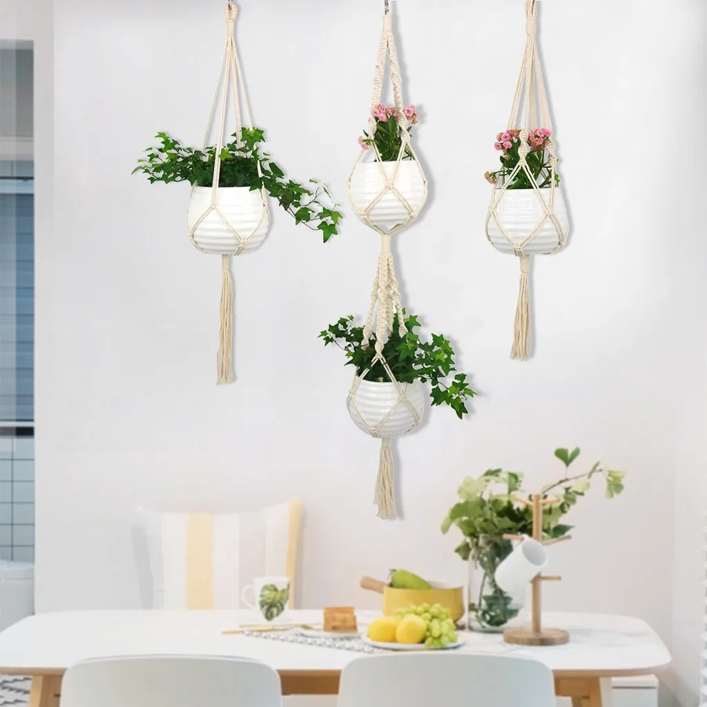 

Indoor Plant Decorative Hangers Basket with Bead Europe 4PC Hanging Wood Planter Home Decor