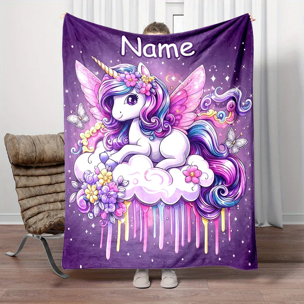 Персонализированное фланелевое одеяло с единорогом теплое и уютное