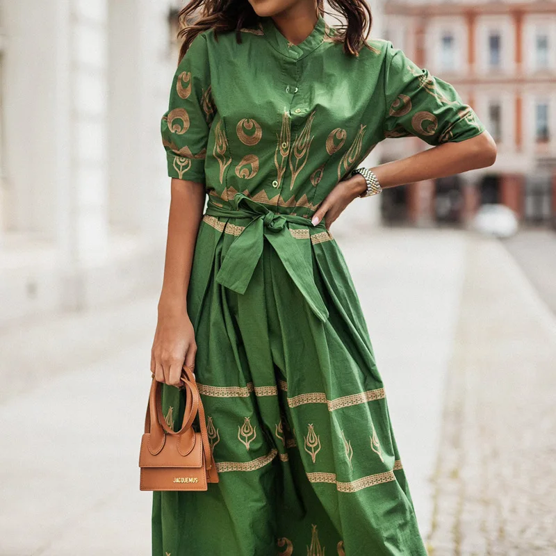 

Женское льняное платье с принтом, модное облегающее платье со шнуровкой на талии и воротником-стойкой, осень 2023