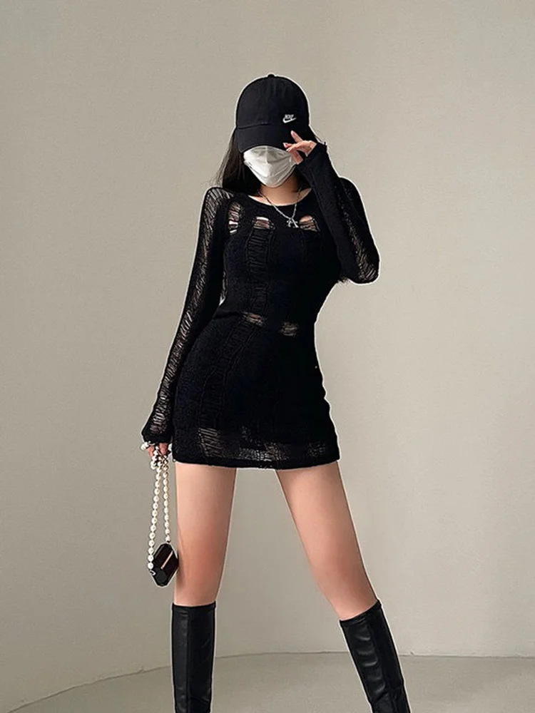 Пикантное трикотажное Черное короткое платье Y2k ажурное с длинным рукавом и