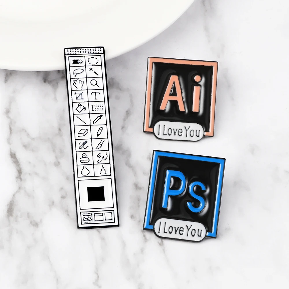 Фото Эмалированные булавки PS AI I Love You Photoshop Illustrator, брошь на панели инструментов, значки, программное обеспечение, дизайнерская заколка на лацкан ... №2