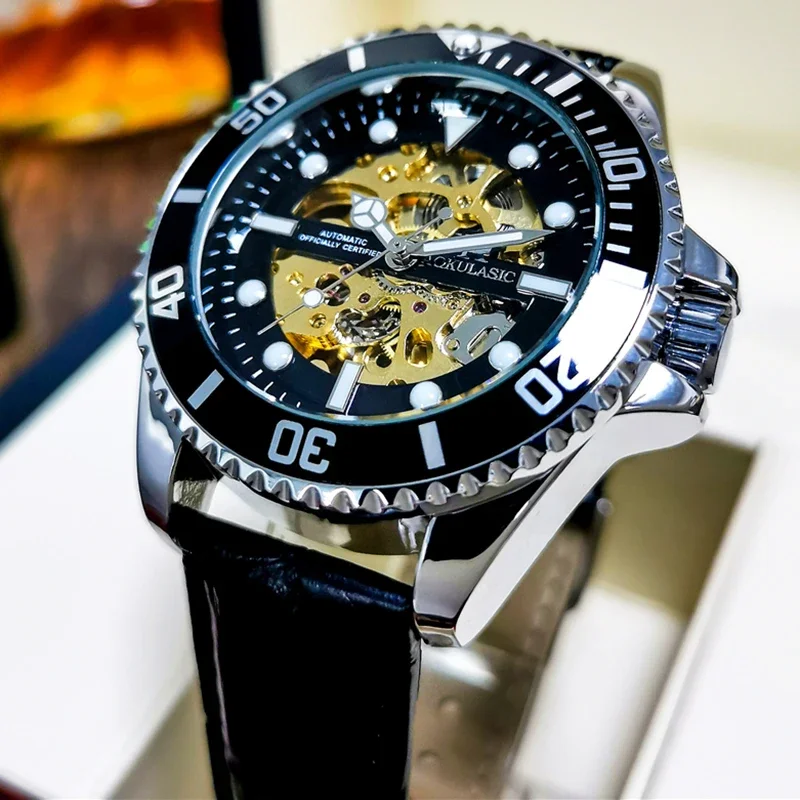 

Мужские механические часы от бренда AOKULASIC 2023, автоматические наручные часы с вырезами, светящиеся часы, подарок для мужчин