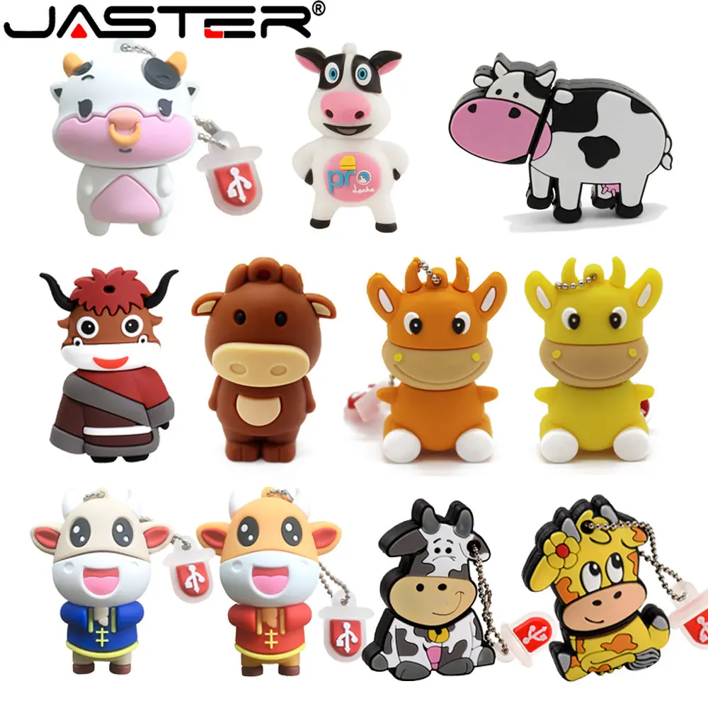 

JASTER USB Flash Drive 2.0 Cute Cartoon Various Styles Cow 64GB Bull Memory Stick 16GB Free Key Chain 8GB Creative Gift for Kids