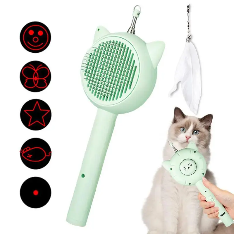 

3 In 1 Self Cleaning Cat Brush Retractable Interactive Teaser Stick Cat Deshedding Brush With Release Button Cat Grooming Toys