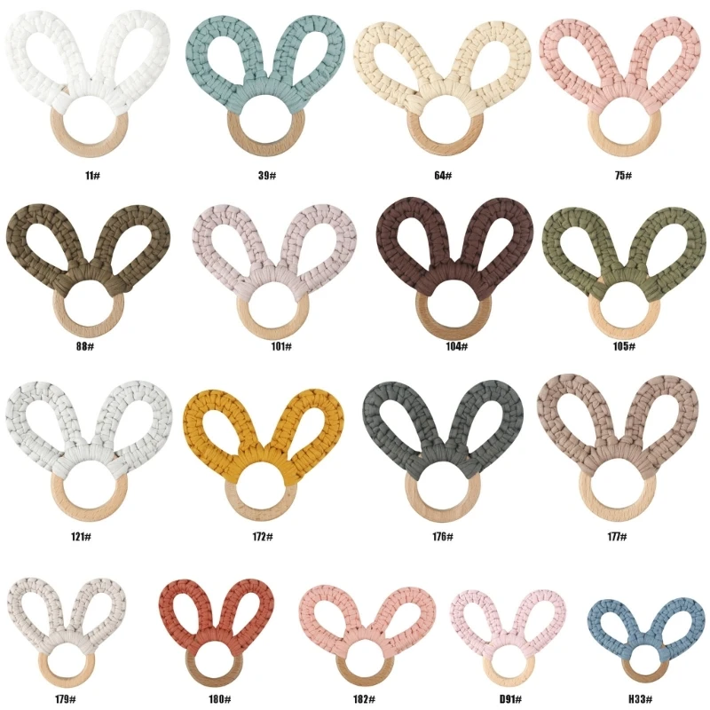 

Infant Rattle Wooden Rings Handwoven Bunny Ear Teether Rings Chewing Toy Baby Educational Crochet Cotton Rattle Baby Toy