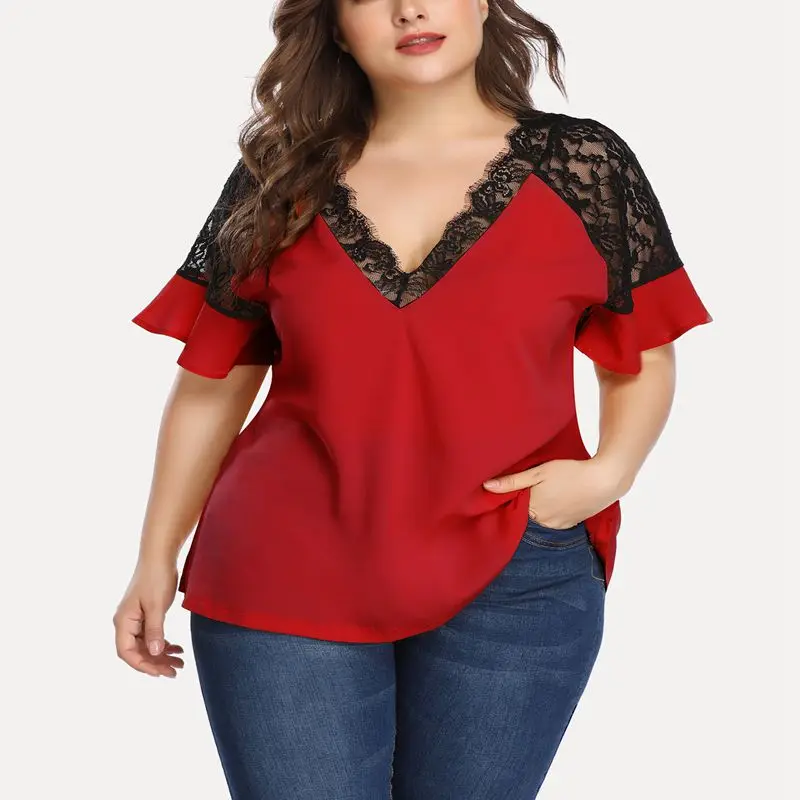 Фото Новая летняя модная футболка больших размеров 4XL, 5XL, 6XL, качественная женская футболка с коротким рукавом, сексуальная повседневная футболка с v-образным вырезом и кружевной строчкой №2