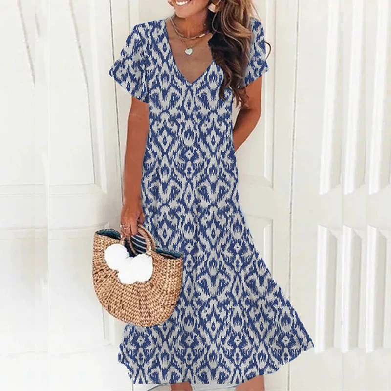 

Summer Casual Women Dress Short Sleeve Loose V Neck Midi Dress Elegant Temperament Pattern Printing Party Dresses Femme Vestidos
