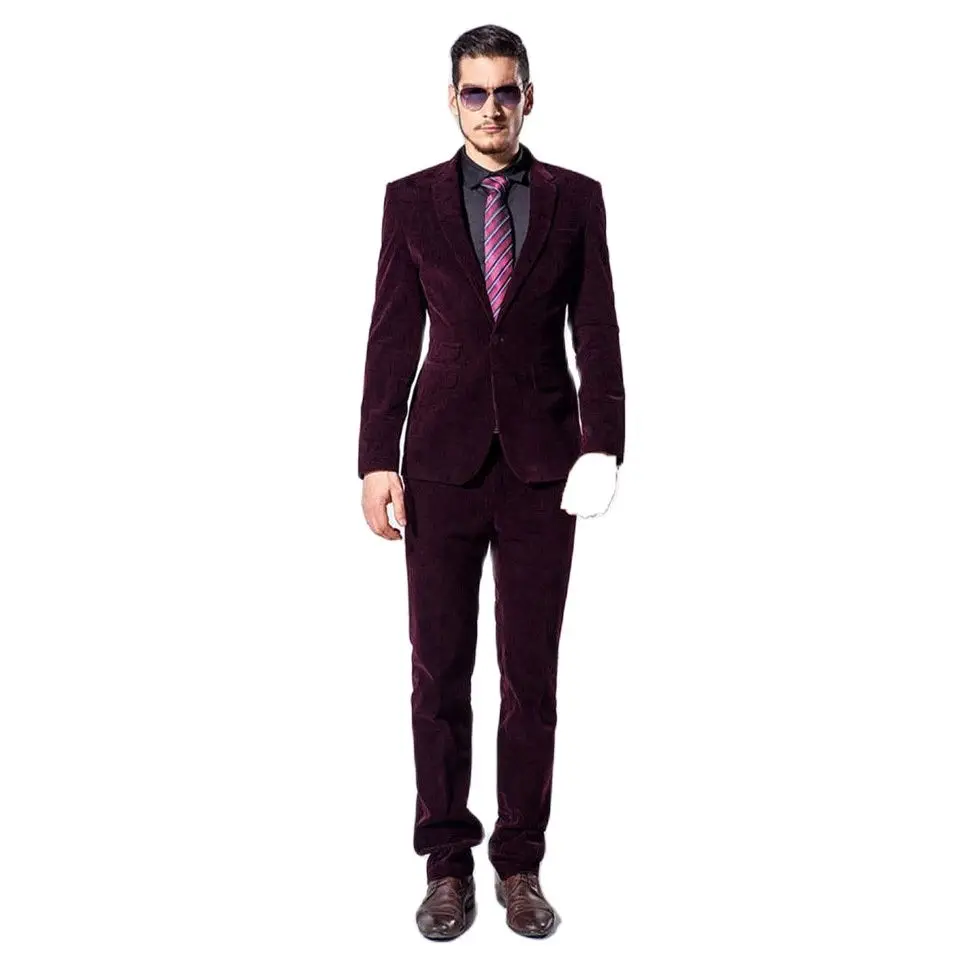

Blazer Masculino Mens Suits (Jacket+Pants) Slim Fit Groom Tuxedos Burgundy Groomsmen Notch Lapel Wedding Best Dinner/Darty