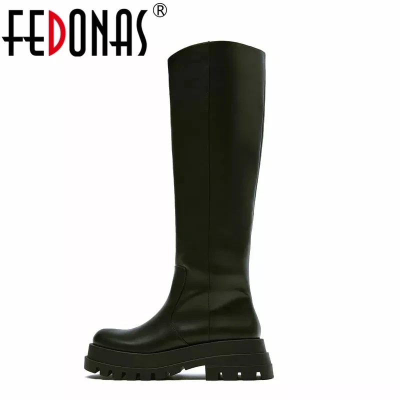 FEDONAS-Botas altas hasta la rodilla de cuero genuino para mujer, zapatos de plataforma Punk, botas largas de motocicleta, Otoño e Invierno