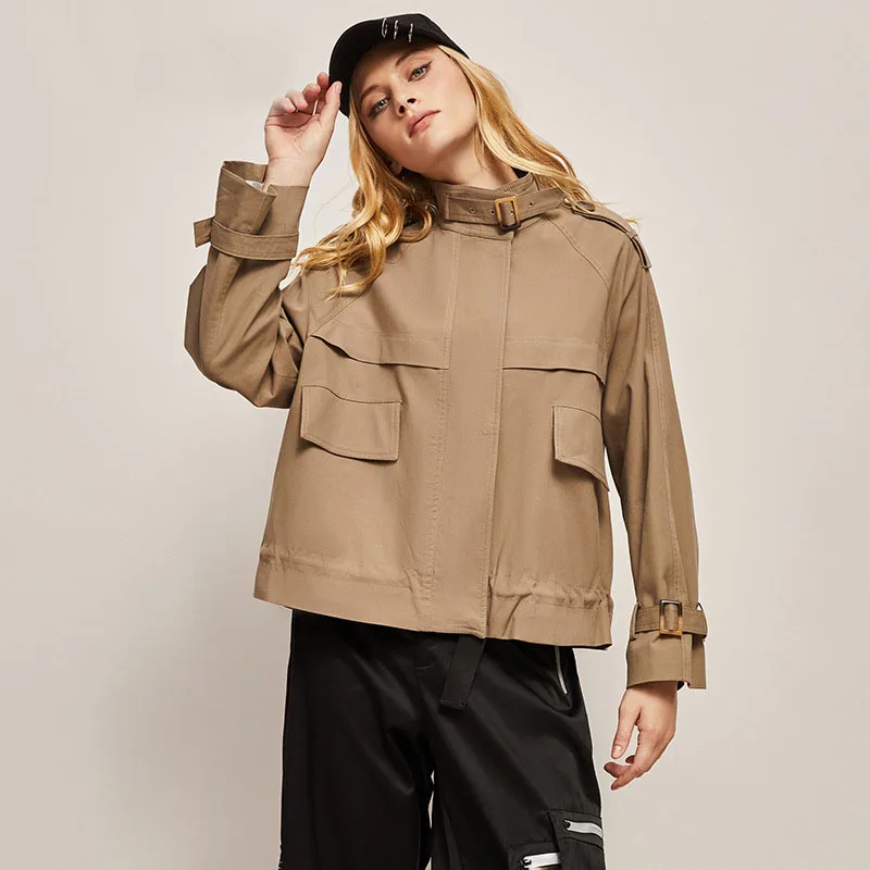 Women Short Windbreaker Trench Autumn Coats Loose All-match Casual Jackets Stand Collar Windproof Short Petite Girls Chic Coat