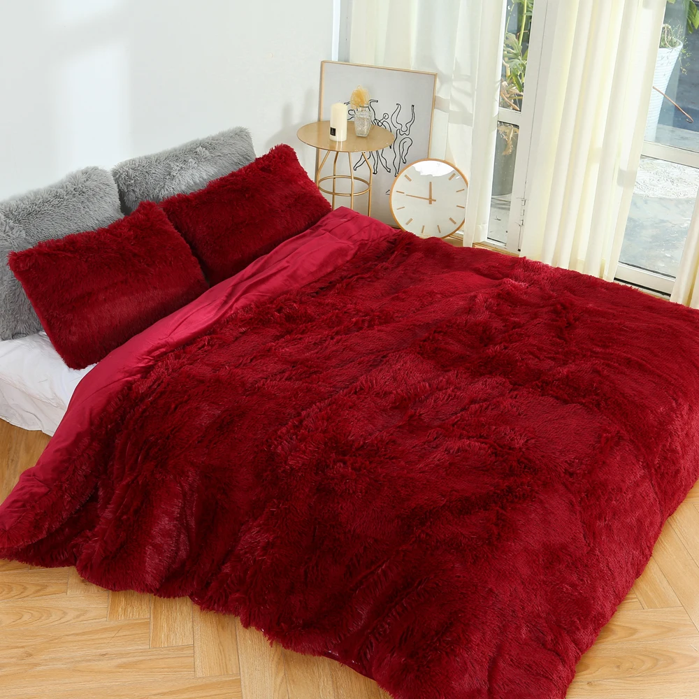 3pcs/set modern luxurious fluffy faux fur duvet cover with pillowcase solid color cozy long plush winter bed sets without sheet images - 6