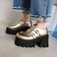 new fashion rivets belt buckle platform shoes retro square head chunky heel women shoes high heel patent leather chunky sneakers