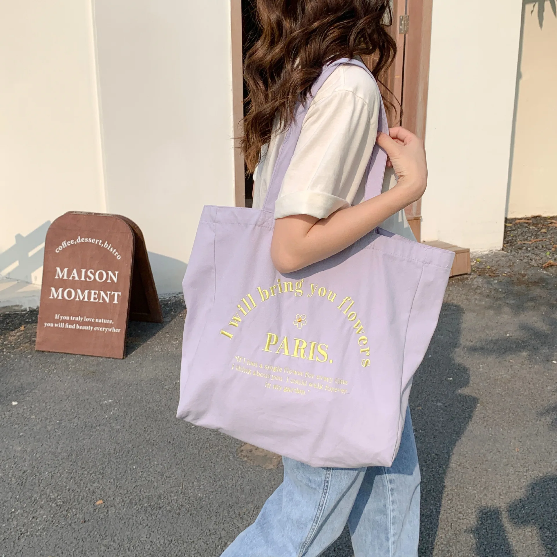 

Letter Embroidered Women's Canvas Shoulder Bag Large Capacity Student Girls Travel Casual Tote Handbags Female Eco Shopping Bags