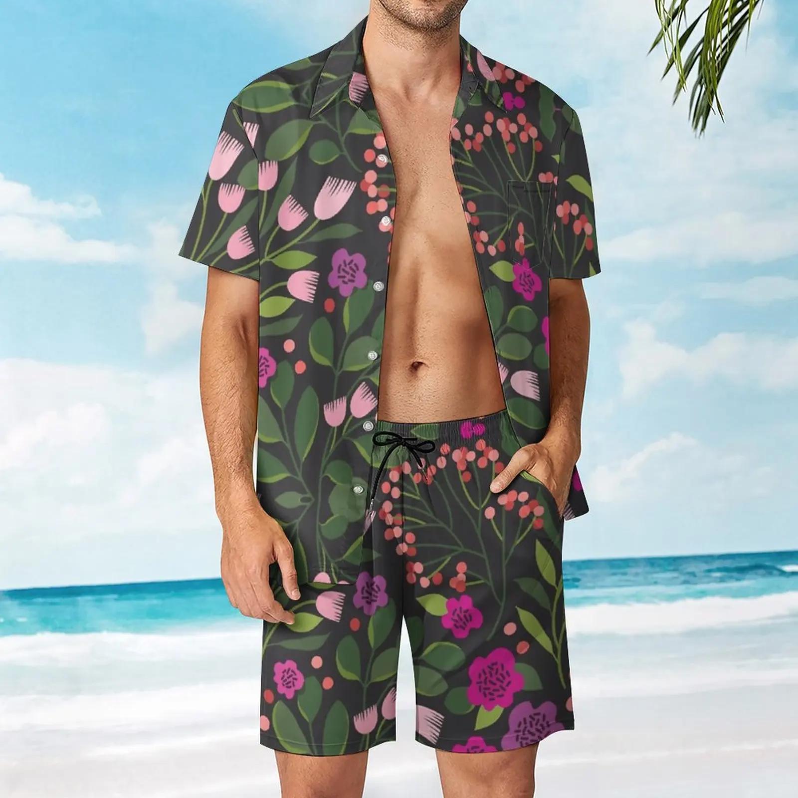 

Pretty Floral Men's Beach Suit Casual Graphic 2 Pieces Pantdress High Grade Home USA Size