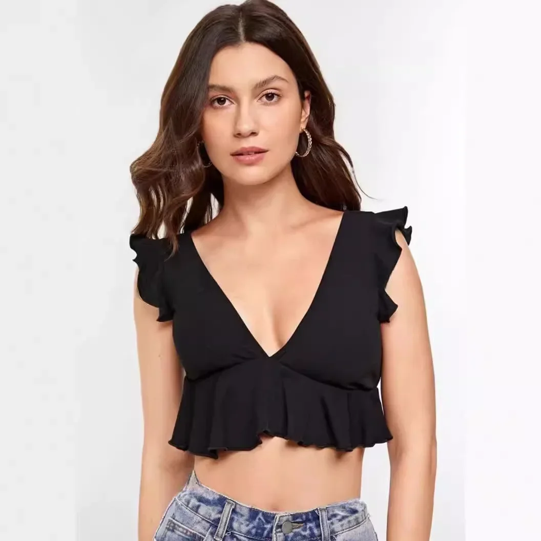 Женский топ с оборками и V-образным вырезом без рукавов