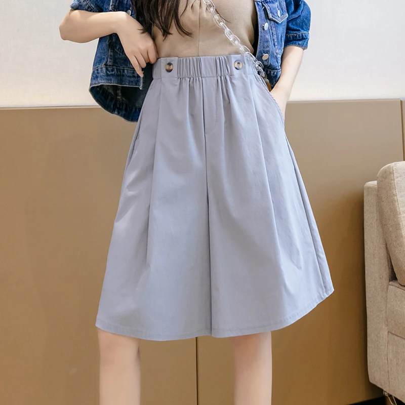 Women Casual Solid Color Loose Summer Pants 2023 Fashion Button High Waist Wide Leg Trouser Female Knee Length Pant Harajuku Pop