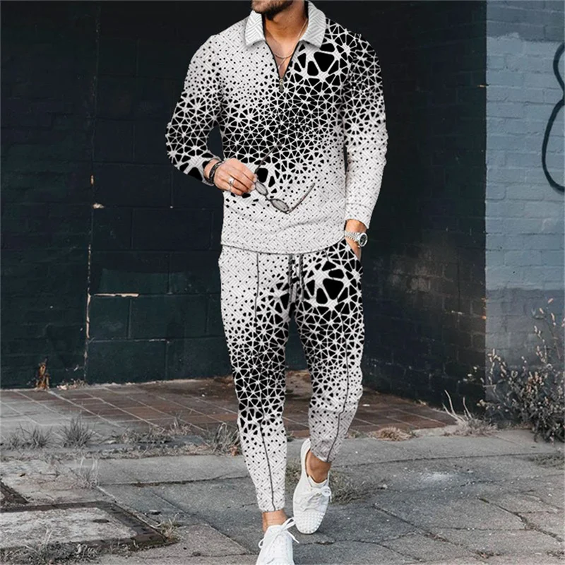 

Men's casual zipper POLO shirt fashion 3D printed men's suit in autumn and winter V-neck long sleeves+long pants two-piece suit