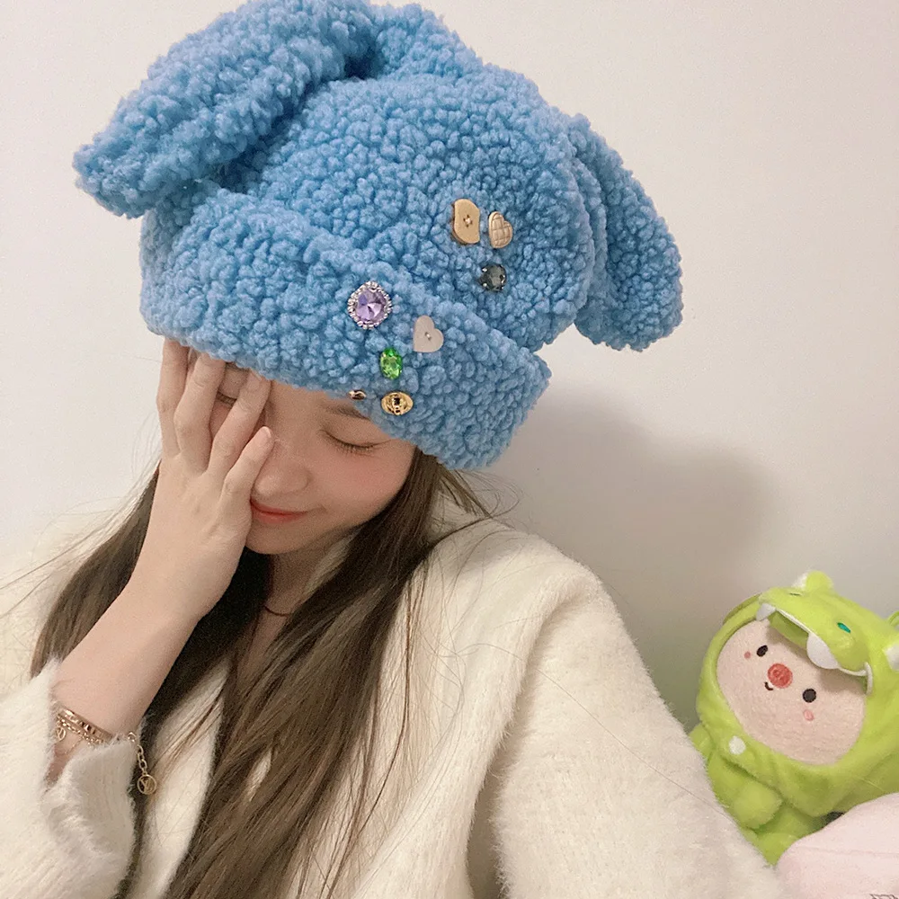 

Korea Japanese Style Cute Button Draping Rabbit Ears Lamb Fleece Winter Hat Cover Net Red Warm Hat Wool Hat